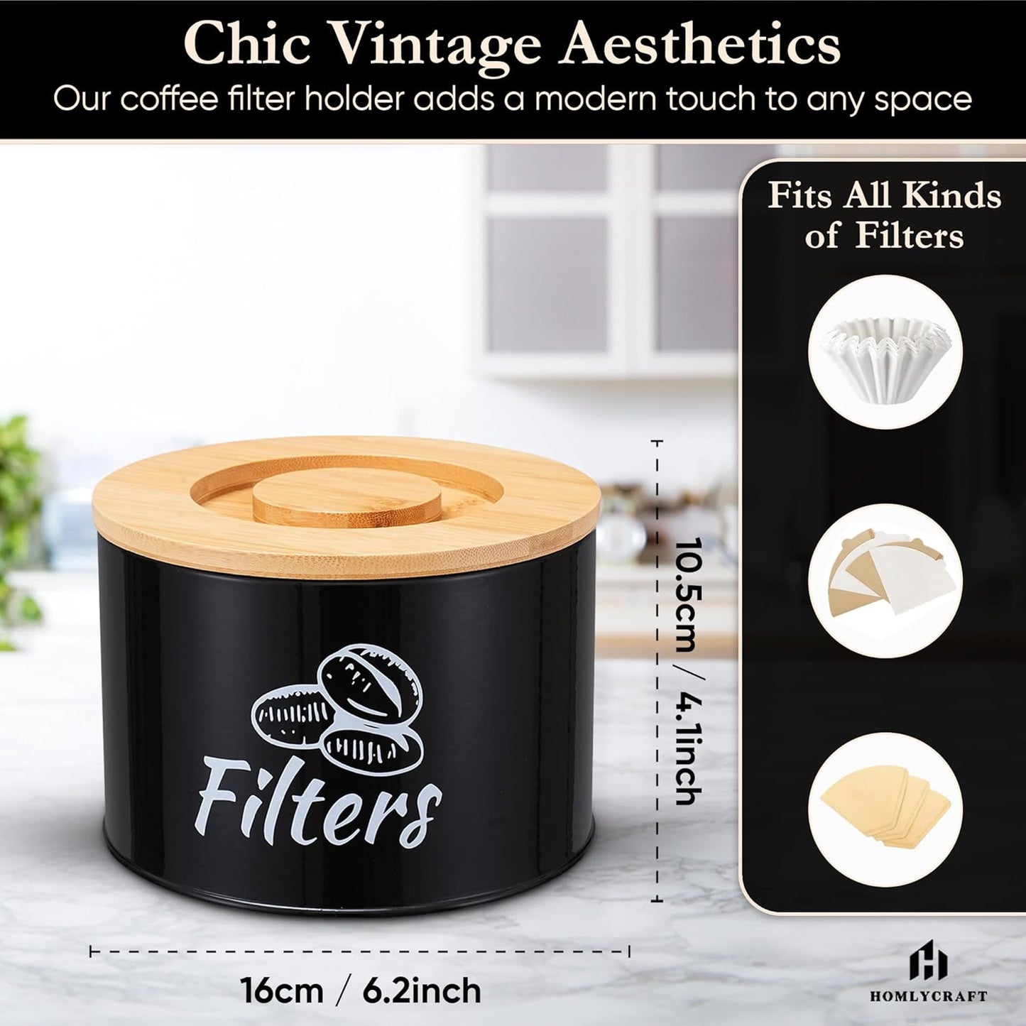 Coffee Filter Holder with Bamboo Lid – Filter Storage Organizer for Cone & Round Filters – Rustic Coffee Bar Container for Counter, Kitchen or Cafe Decor (Black).
