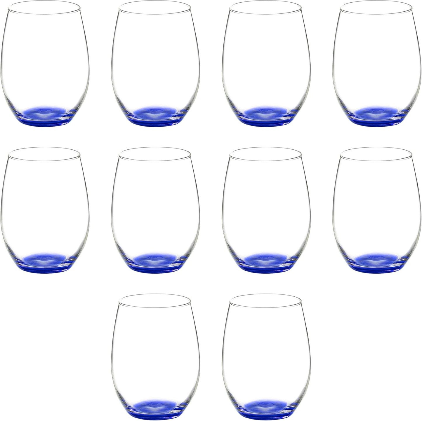 DISCOUNT PROMOS 10 ARC Stemless Wine Glasses Set, 21 oz. - Chardonnay, Cabernet, Merlot, Sauvignon - Blue