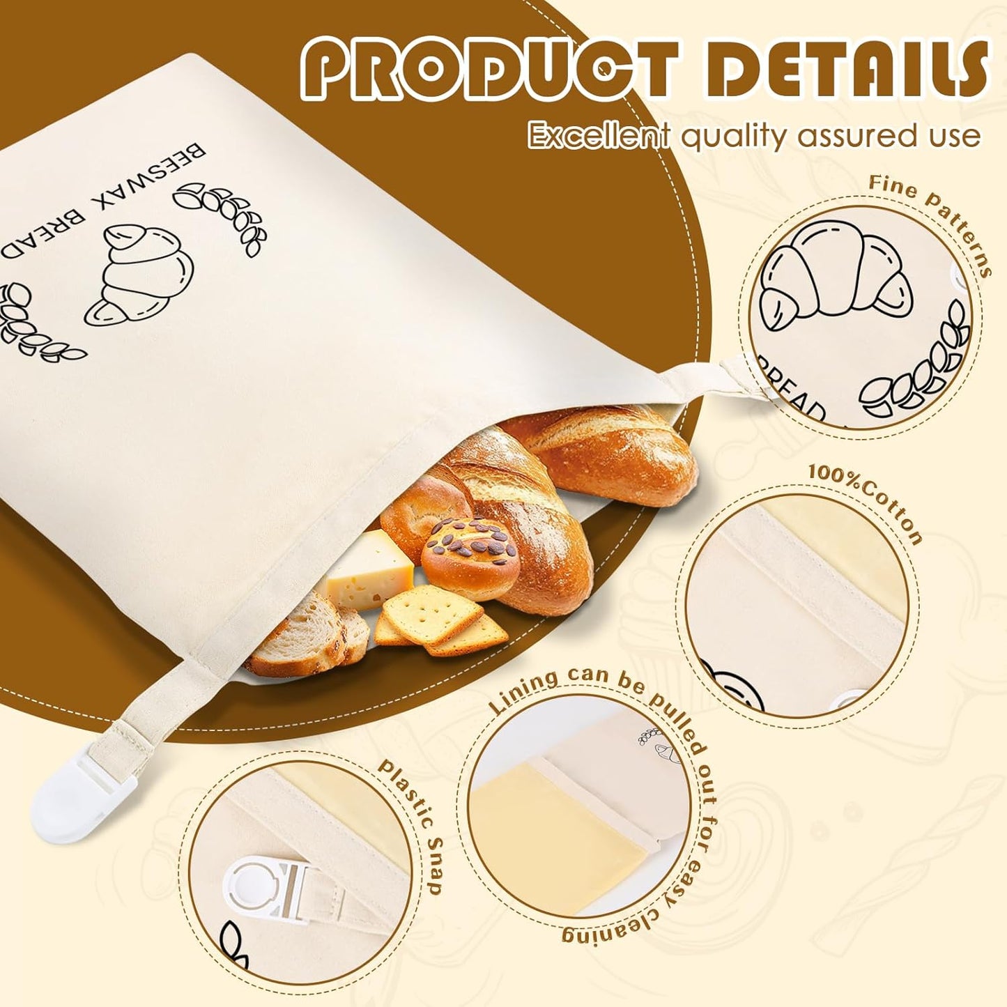 2 Pack Reusable Beeswax Bread Bag for Homemade, XL Sourdough Bread Keeper with Beeswax Lining, 17"×12" Bread Storage for Baking Supplies