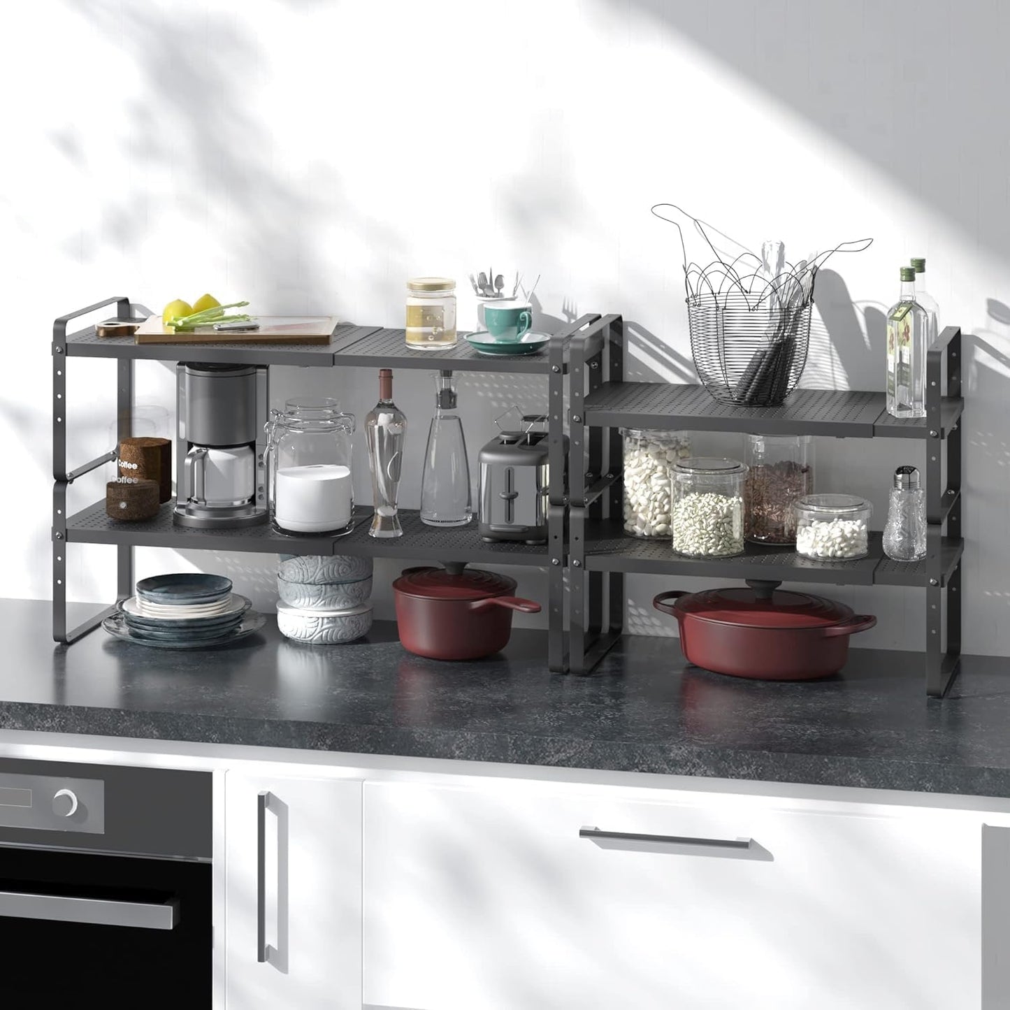 Expandable Cabinet Shelf Organizer Adjustable Metal Spice Rack Stackable Freestanding Counter Storage Shelves for Kitchen Cabinet Under Sink Office Desk (Black - 3Pack - L16.5-27'' * W8'' * H9.6'')