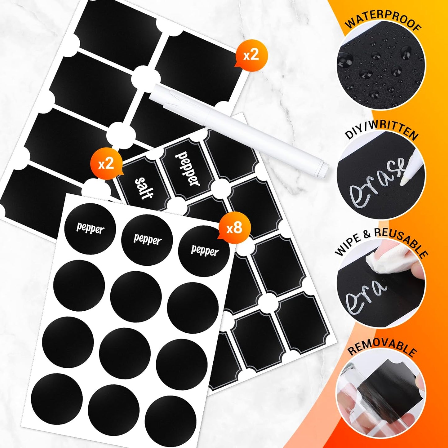 Segarty Glass Spice Jars with Shaker Lid, 6 Pack 6 oz Empty Spice Jar with Labels, Seasoning Containers Spices Bottles Set with 136 Stickers, 1 Chalk Pen, 1 Brush, Salt Pepper Shakers for Kitchen