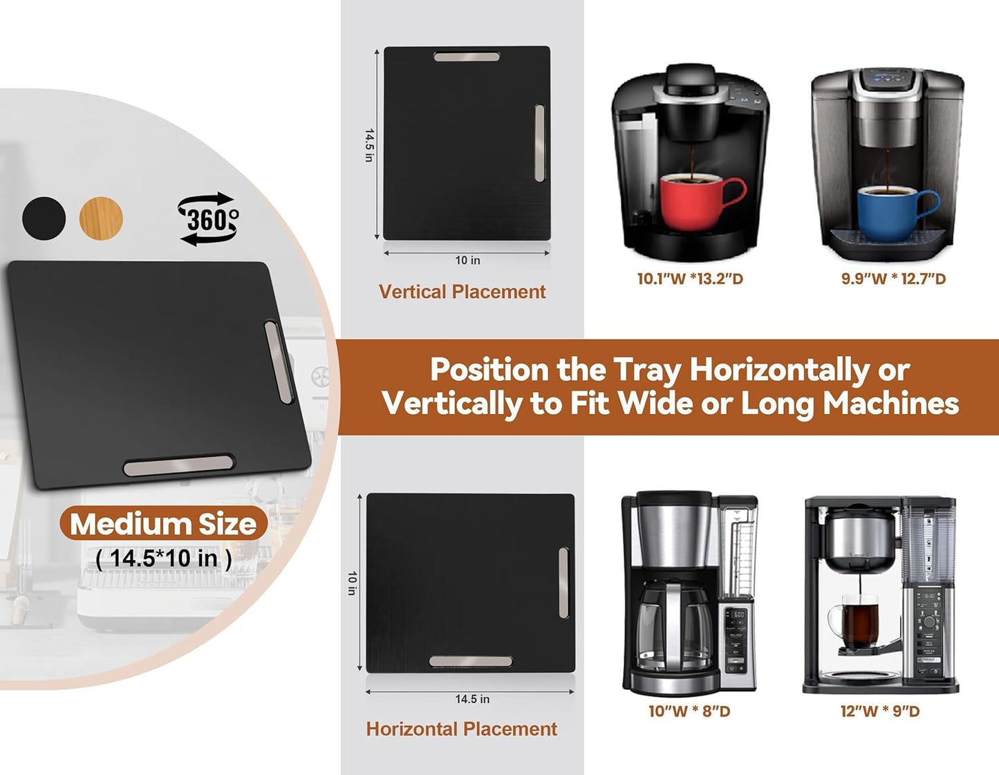 Joy&Grace Appliance Slider for Kitchen Appliances 360° Rolling Sliding Tray for Coffee Maker Countertop, Bamboo Coffee Pot Slider Rolling Tray (Black, Medium 14.5" x 10")