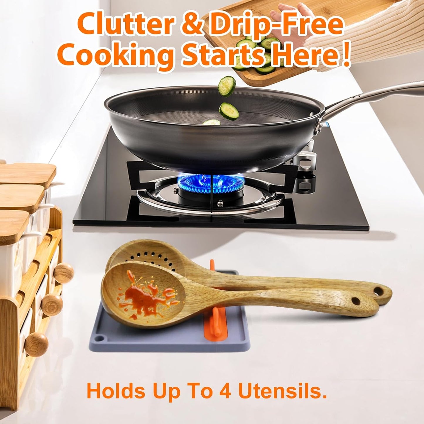 Silicone Spoon Rest for Kitchen Counter, Heat-Resistant & BPA-Free, Non-Slip Spoon Holder for Stove, Gray + Orange