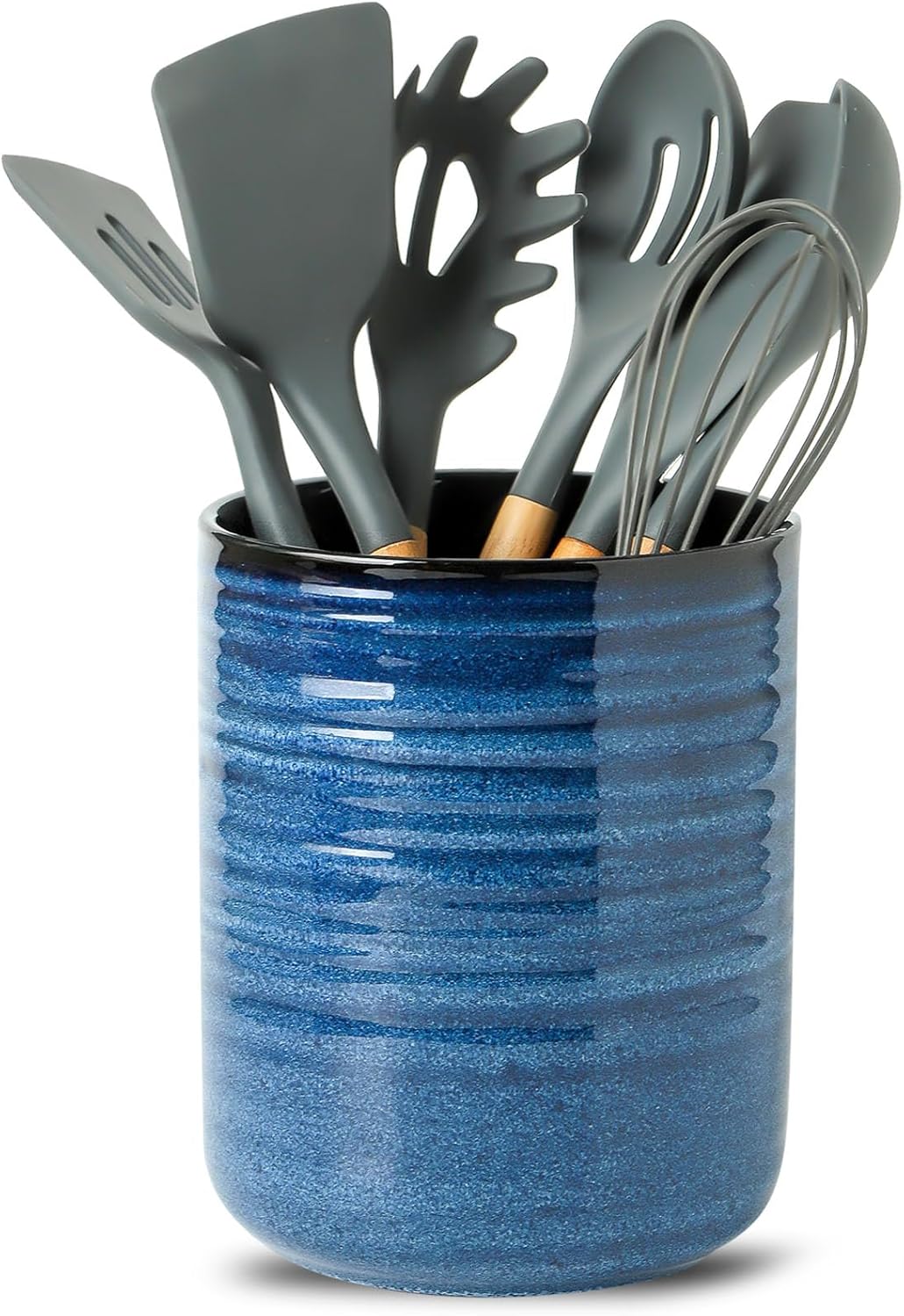 Hasense Kitchen Utensil Holder, 7.4" x 6.2" Ceramic Utensil Holder for Countertop, Stable Cooking Utensil Organizer Crock for Spatula, Modern Kitchen Decor for Christmas, Blue