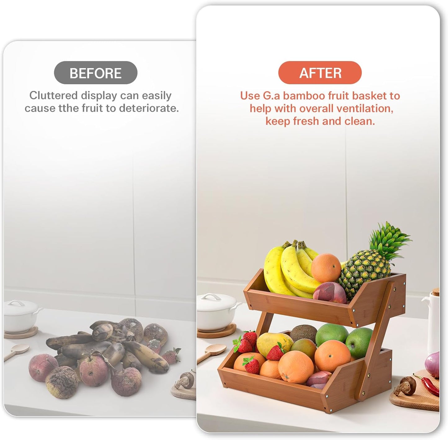 G.a HOMEFAVOR Fruit Basket for Kitchen, 2-Tier Fruit Bowl for Kitchen Counter, Vegetable Storage Stand for Fruit Shop, 15 mm Thickness, Brown