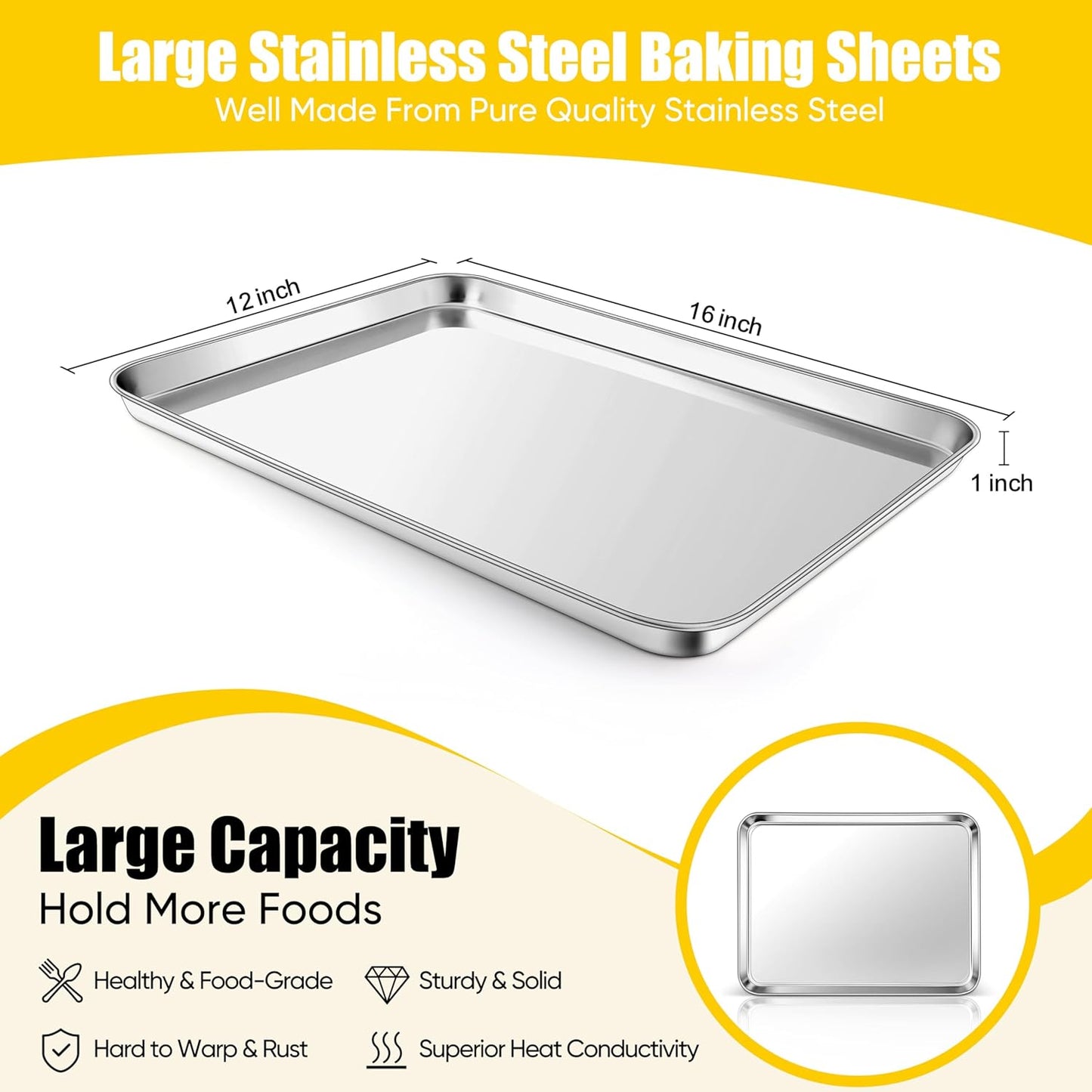 Homikit 1 Pack Baking Sheet Pan, 16” x 12” Stainless Steel Cookie Pan Tray Set for Oven, Metal Jelly Roll Pan for Baking Cooking Toasting, Rustproof & Non Stick, Mirror Finish & Dishwasher Safe