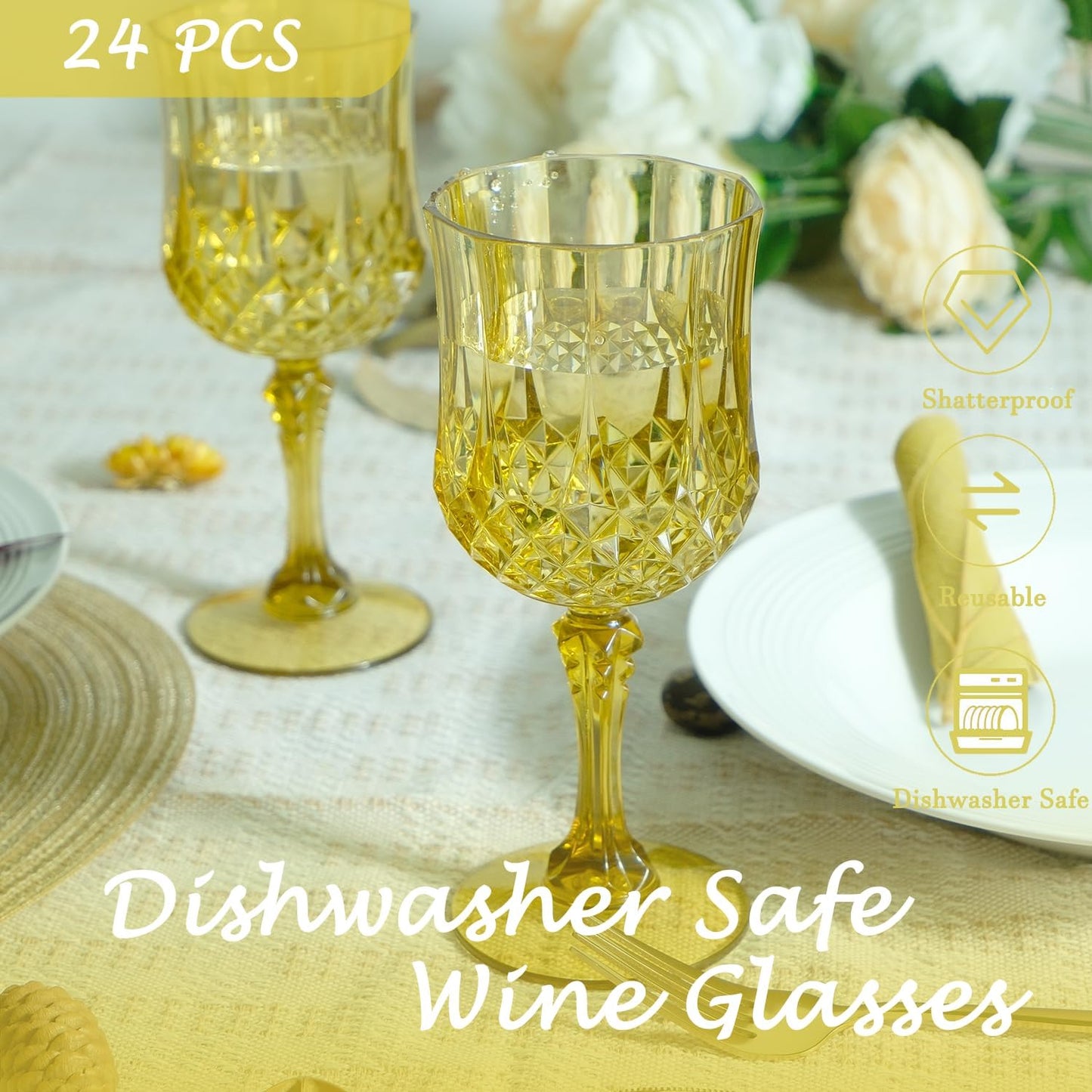Plastic Wine Glasses，Plastic Goblets Vintage Style Cordial Drinking Glasses for Wedding Reception, Grand Event Party Supplies (24, Gold)