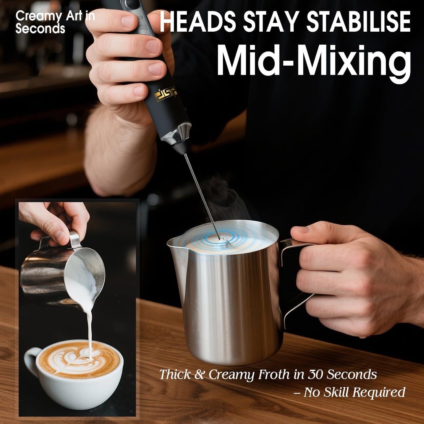 DSP Handheld Milk Frother Rechargeable, Electric Whisk for Coffee, 2 Stirring Rods 3 Speed Adjustable, Low Noise Drink Whisk for Lattes, Matcha, Hot Chocolate, Egg (Midnight Black)