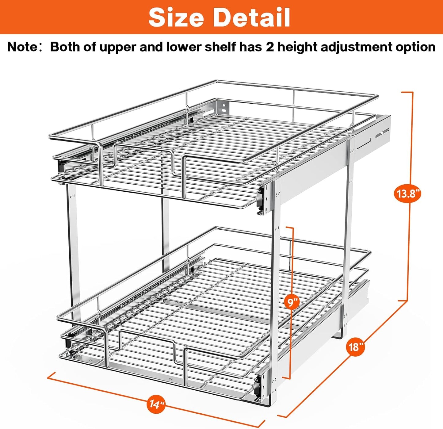 ROOMTEC Individual Pull Out Cabinet Organizer (14" W x 18" D), 2 Tier Spice Rack Organizer for Cabinet, Slide Out Drawer Pantry Shelf Organization and Storage for Kitchen Bathroom