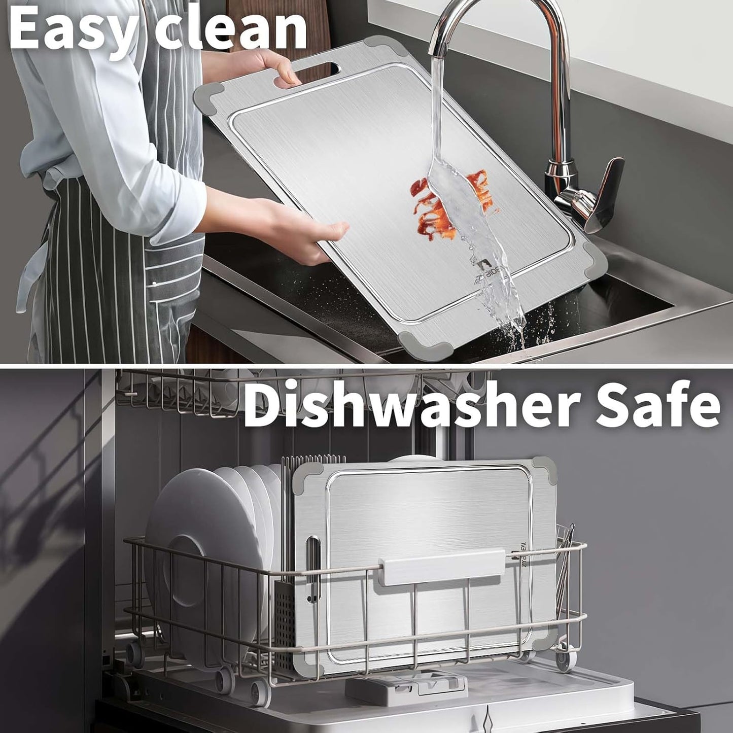 100% Pure Titanium Cutting Board with Grooves, Update Double Side Titanium Chopping Board, Silicone Anti-slip Stainless Cutting Boards for Kitchen 8 * 12, Grey