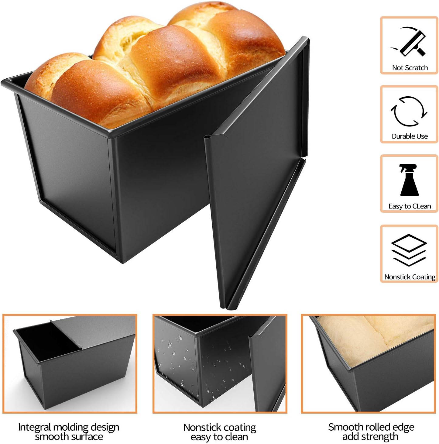 CHEFMADE Pullman Loaf Pan with Lid, 1Lb Dough Capacity Non-Stick Rectangle Flat Bread Pan, Carbon Steel Bakeware Toast Mold with Cover for Baking Bread - Black