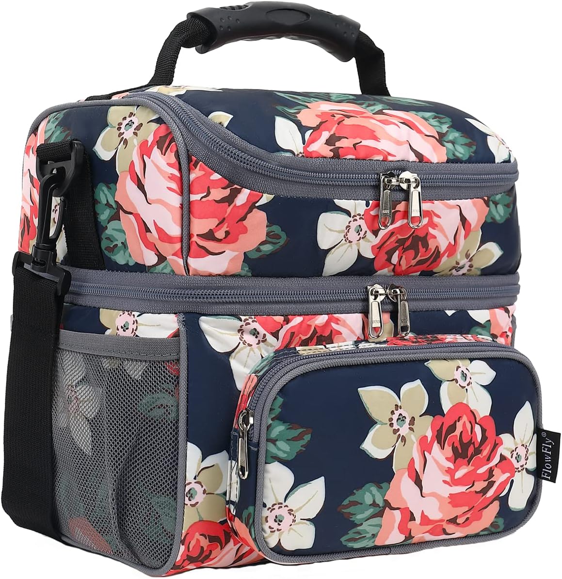 FlowFly Double Layer Cooler Insulated Lunch Bag Adult Lunch Box Large Tote Bag for Men, Women, With Adjustable Strap,Front Pocket and Dual Large Mesh Side Pockets