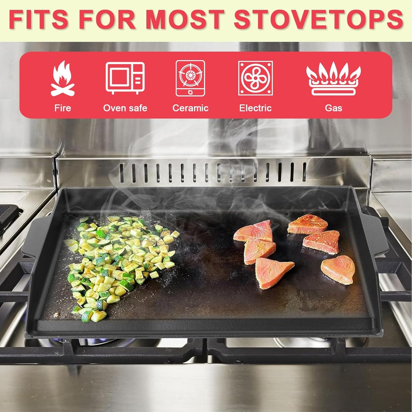 DcYourHome Universal Flat Top Griddle for Gas Grill, Gas Stove,Grill Flat Insert for Outdoor Grills, Stove-Top Griddles for 4 Burner Range Oven, 18.6" × 14" Large Nonstick Cast Iron Cooking Griddle