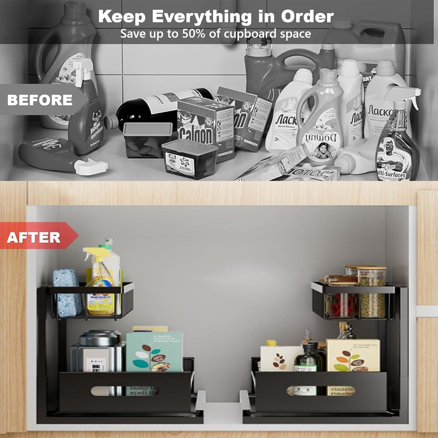 2 Tier Under Sink Organizer, Storage for Kitchen Bathroom,Pull Out Cabinet Organizer Slide Out Sink Shelf Cabinet Storage Shelves (Black, 1 Pack)