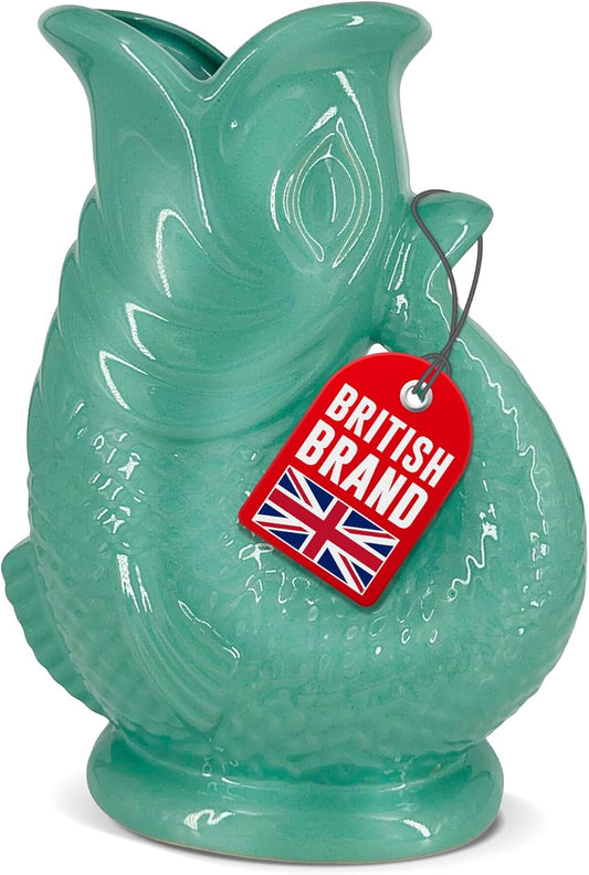 Gurgle Glug Jug The Bubble Jug® Sage Green 50 fl oz 1.5L Litre Extra Large Pitcher - Fish Shaped Jug - Decorative Ceramic Glugging Cocktail, Water and Gin Vase and Gurgling Carafe Pot