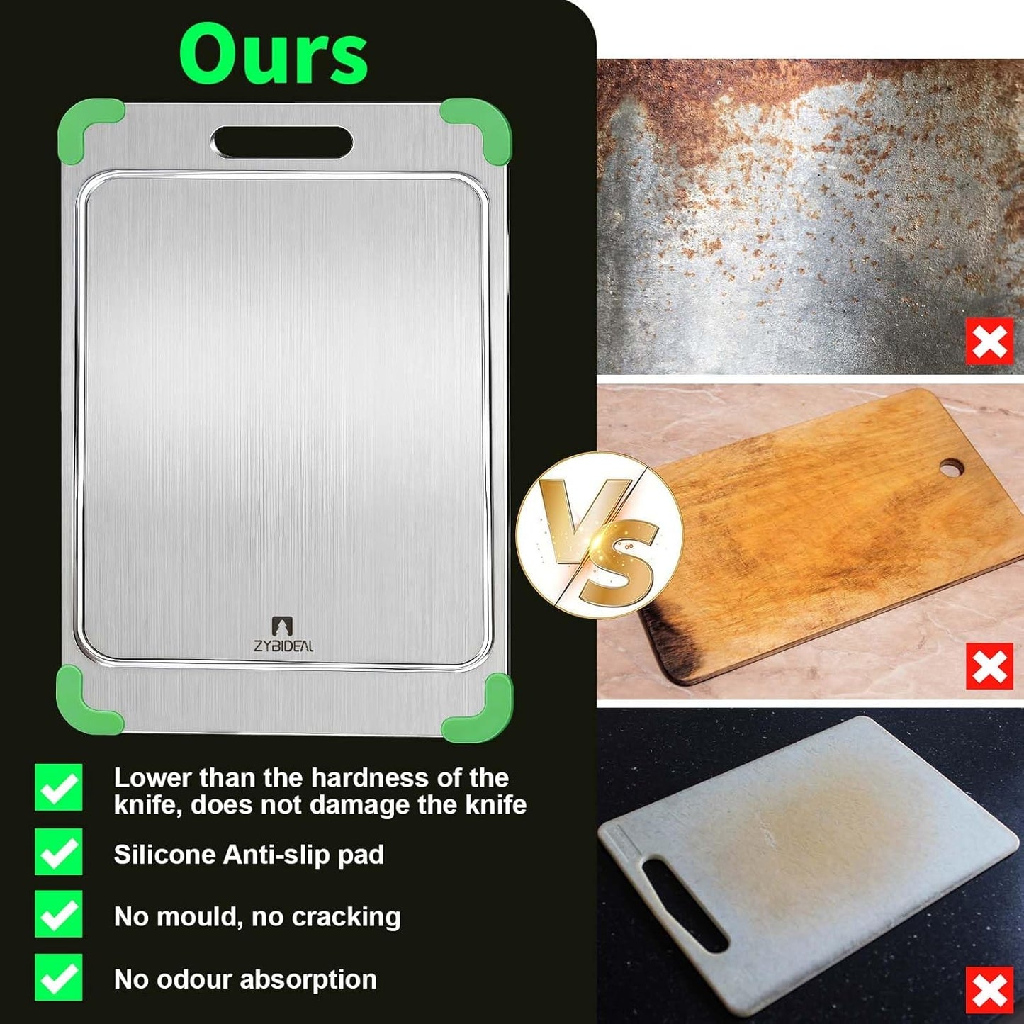 3Pcs 100% Pure Titanium Cutting Board with Grooves, Update Double Side Titanium Chopping Board, Silicone Anti-slip Stainless Cutting Boards Set for Kitchen, Green