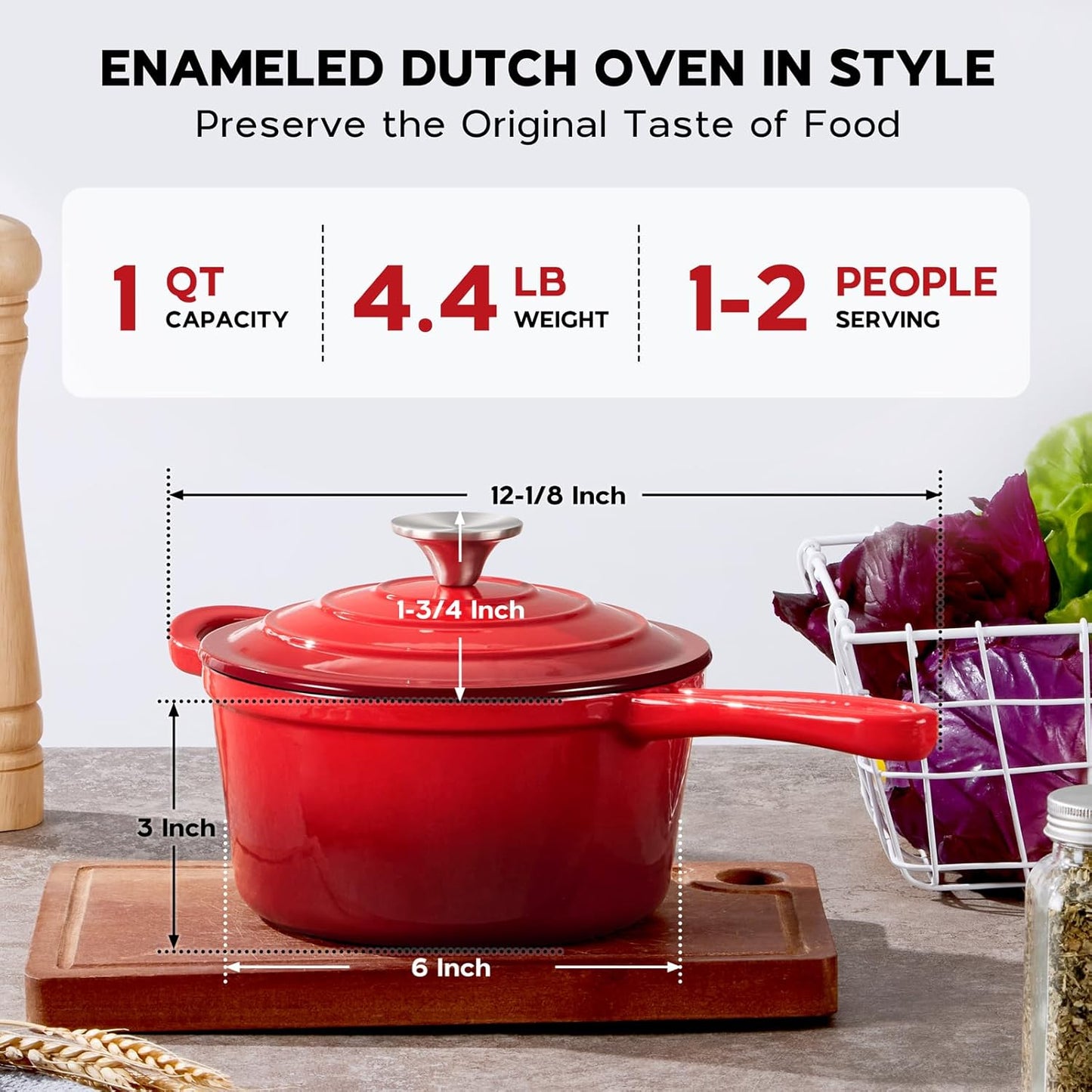 Enameled Cast Iron Sauce Pan, Onader 1QT Small Saucepan with Lid, Cast Iron Sauce Pot Enamel Dutch Oven, Nonstick & Heavy Duty – Red