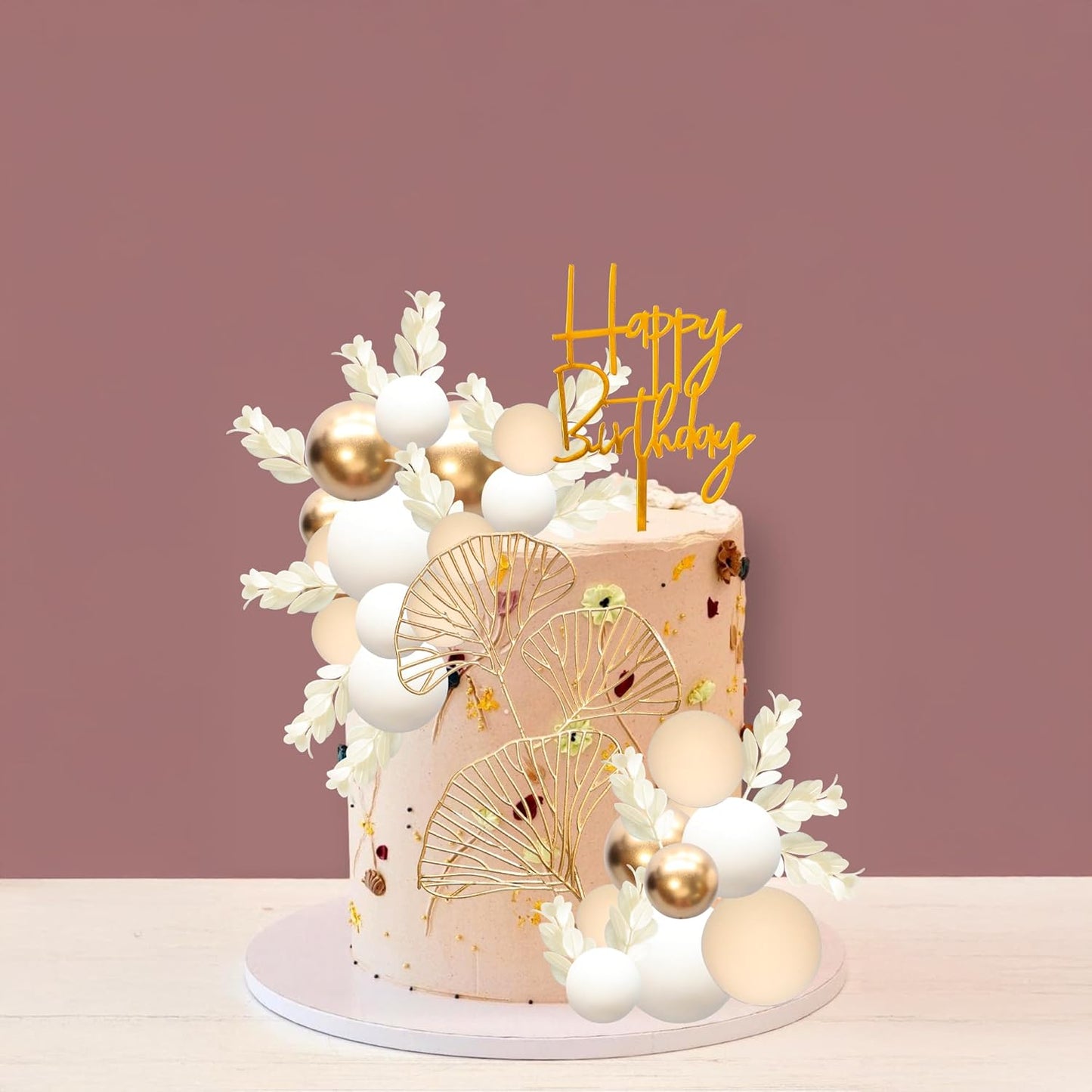 Gyufise 57Pcs Khaki Balls Cake Topper Boho Grass Cake topper Pearl Balls Acrylic Happy Birthday Cake Decorations for Wedding Baby Shower Birthday Boho Themed Party Supplies Khaki White Gold