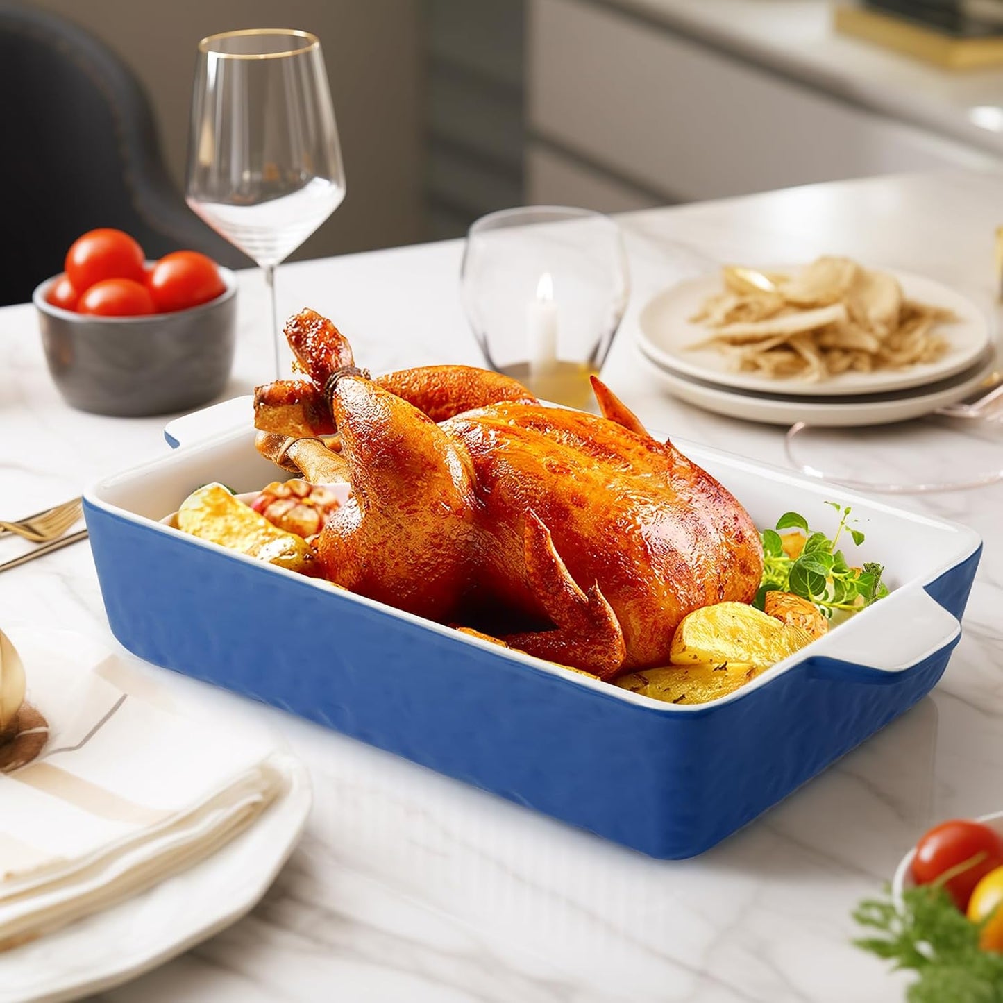 4 QT Baking Dish, Casserole Dishes for Oven, 9x13 Baking Pan with Handles, Lasagna Pan Deep, Ceramic Casserole Dish Oven Safe for Baking, Lasagna, Kitchen, Wedding Gift (Dark Blue)