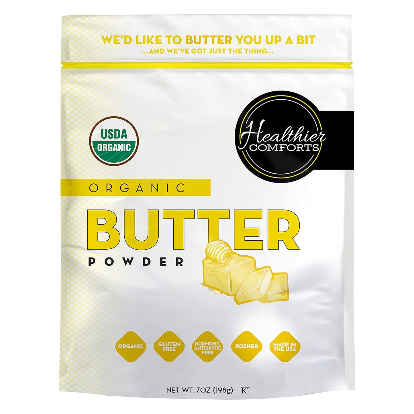 Healthier Comforts Organic Butter Powder | USDA Certified Organic Dehydrated Unsalted Butter | Kosher, Gluten Free, Non-GMO | Popcorn, Baking, Seasoning 7oz