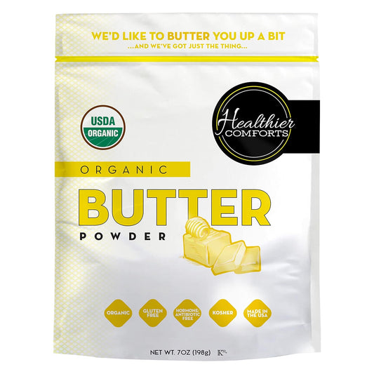 Healthier Comforts Organic Butter Powder | USDA Certified Organic Dehydrated Unsalted Butter | Kosher, Gluten Free, Non-GMO | Popcorn, Baking, Seasoning 7oz