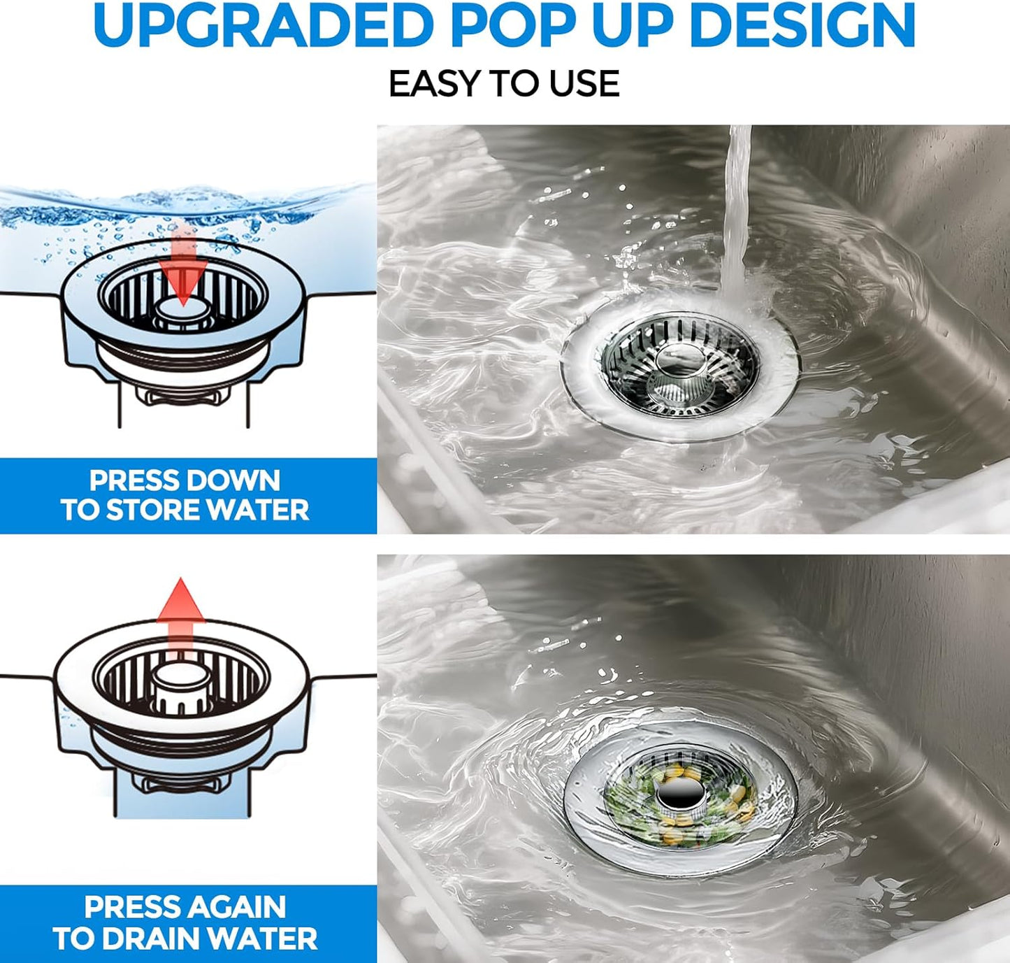 zaa Kitchen Sink Drain Strainer - Kitchen Sink Stopper, 304 Stainless Steel Sink Drain Stopper, Sink Protector for Kitchen with Anti-Clog Filter, Fit US Standard 3-1/2'' Sink Drain Hole, Silver