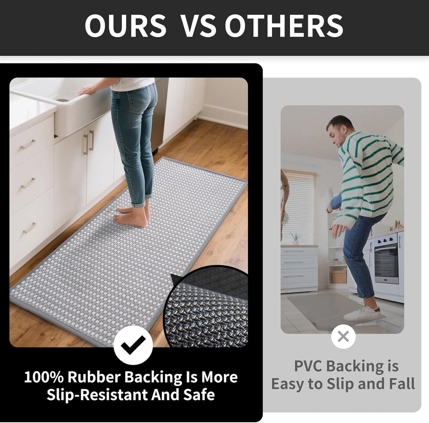 Long Kitchen Runner Rugs Kitchen Mat Non Slip Washable, Super Absorbent Soft Chenille Braided Kitchen Mats for Floor, Rubber Backing Kitchen Floor Sink Standing Mat, Easy Clean, Gray 17"x71"