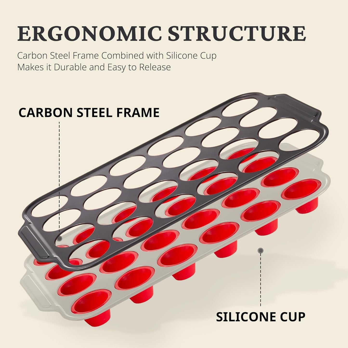 BRONYPRO Silicone Mini Muffin Pan with Metal Frame, Egg Bite Molds for Baking for Baking, Cupcake Pans 24 Regular Size, Muffin Tins Easy to Pop Nonstick Non Toxic Bakeware for Oven,Red