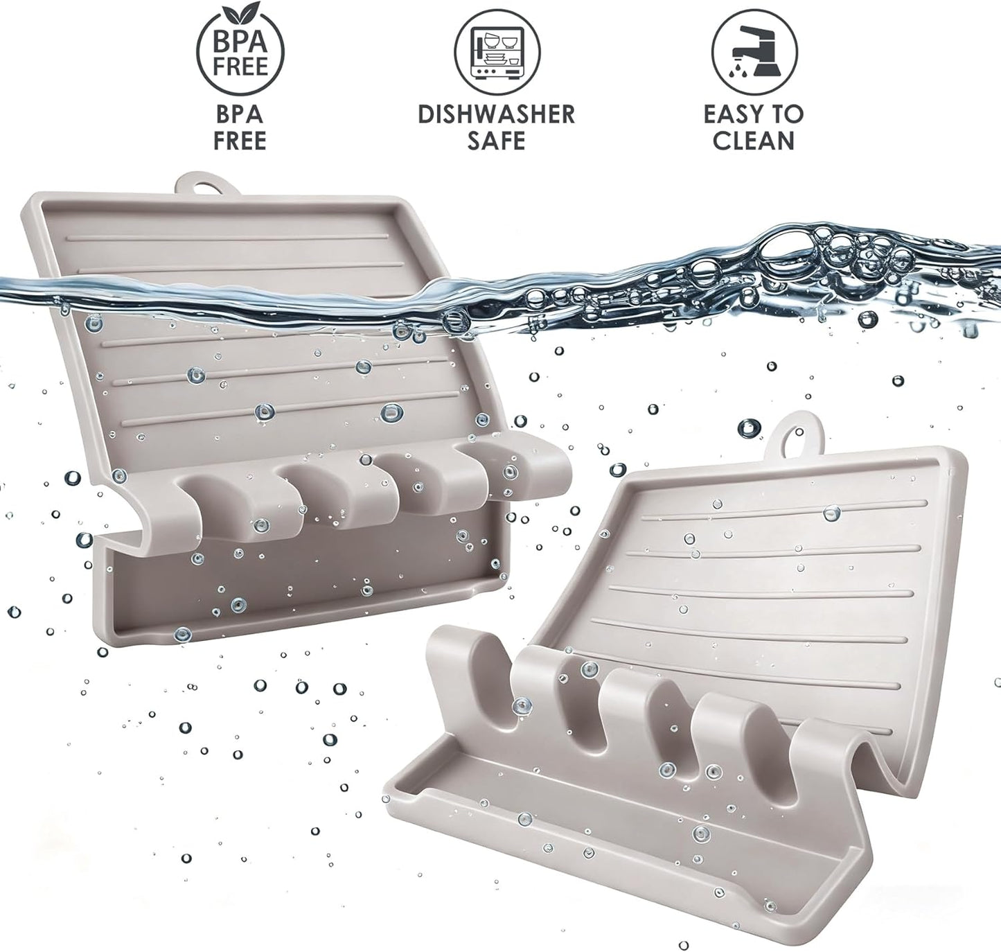 2-PACK 600°F Heat Resistant Silicone Spoon Rest, Multiple Utensil Rest, BPA Free Easy to Clean Dishwasher Safe, Khaki