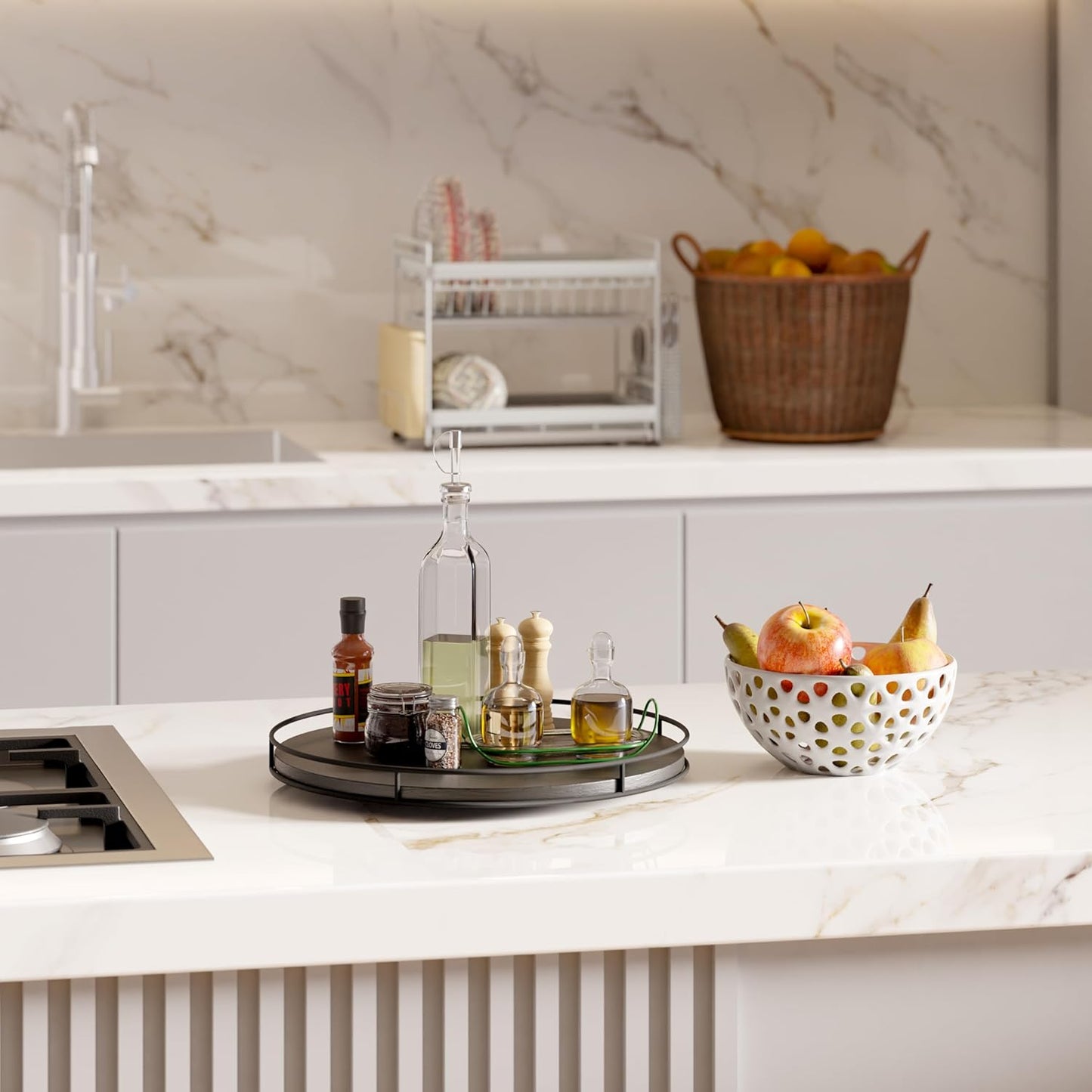 16" Acacia Wood Lazy Susan Turntable with Metal Frame - Large Black Lazy Susans Organizer Countertop Storage - Wooden Serving Tray for Charcuterie Cheese Board - Kitchen Counter Rotating