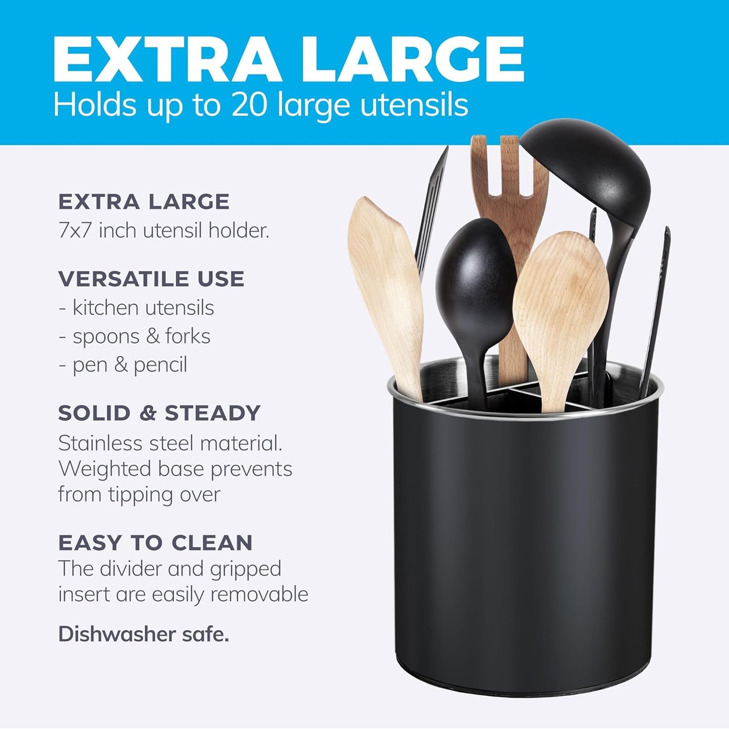 Rotating Extra Large Stainless Steel Utensil Holder Caddy with Sturdy No-Tip Weighted Base, Removable Divider, and Gripped Insert Bottom -Dishwasher Safe Metal Cooking Utensil Holder (Black)