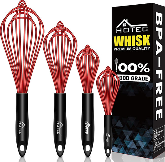 HOTEC 4 Pieces Silicone Whisks Set, Wire Balloon Whisks Egg Beater, Non-slip Handle Whisk for Non-stick Cookware Perfect for Cooking, Stirring, Beating and Blending (Red)