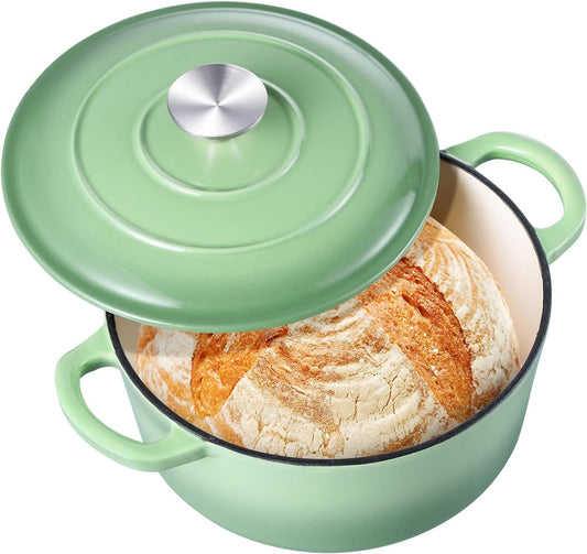 3QT Dutch Oven Pot with Lid, Leonyo 3 Quart Enameled Cast Iron Dutch Oven for Sourdough Bread Baking, Heavy Duty Cookware for Braising, Stews, Roasting, Pistachio Green