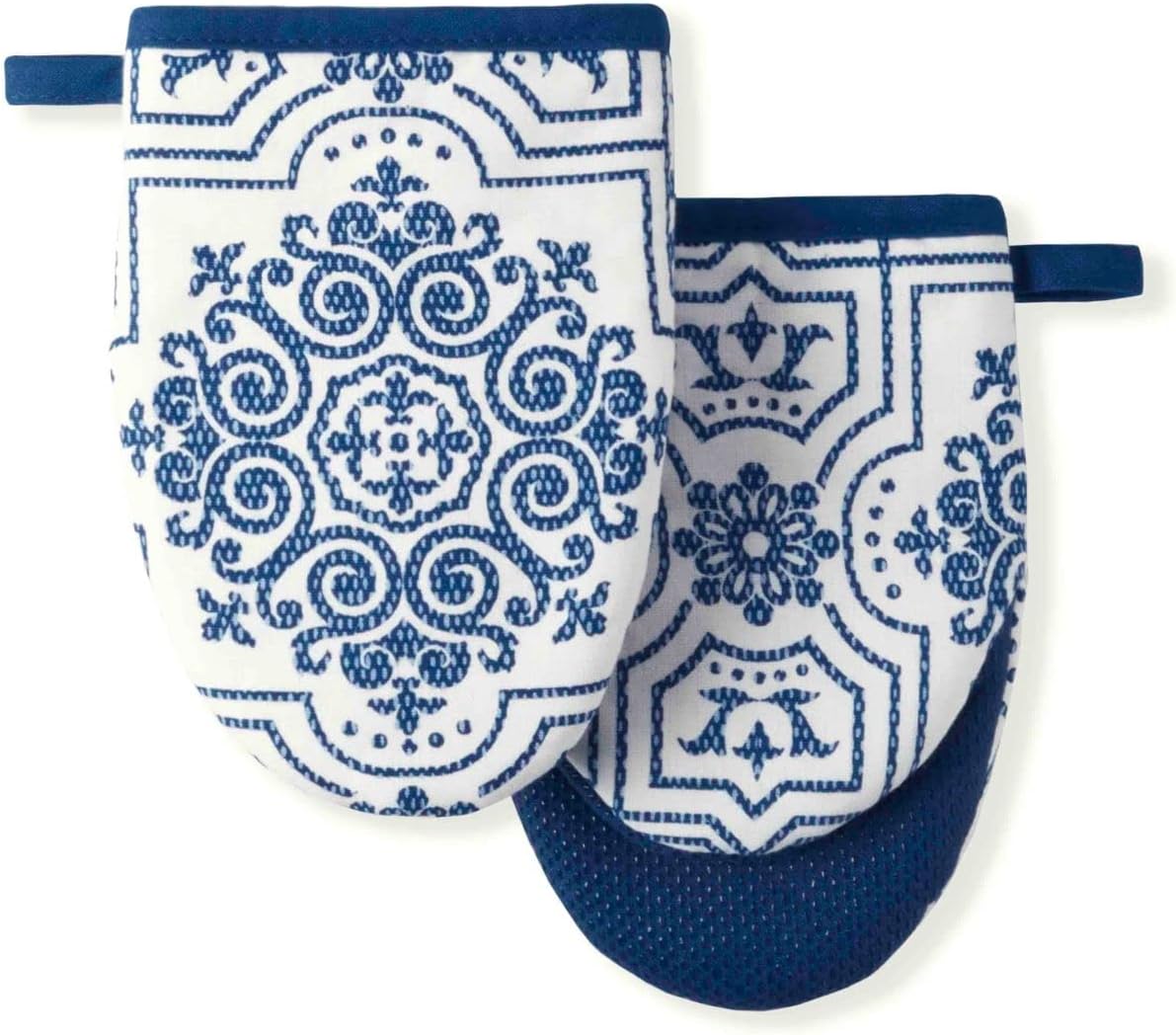 Martha Stewart Strie Medallion Mini Oven Mitt 2-Pack Set, Navy Blue, 5.5"X8"