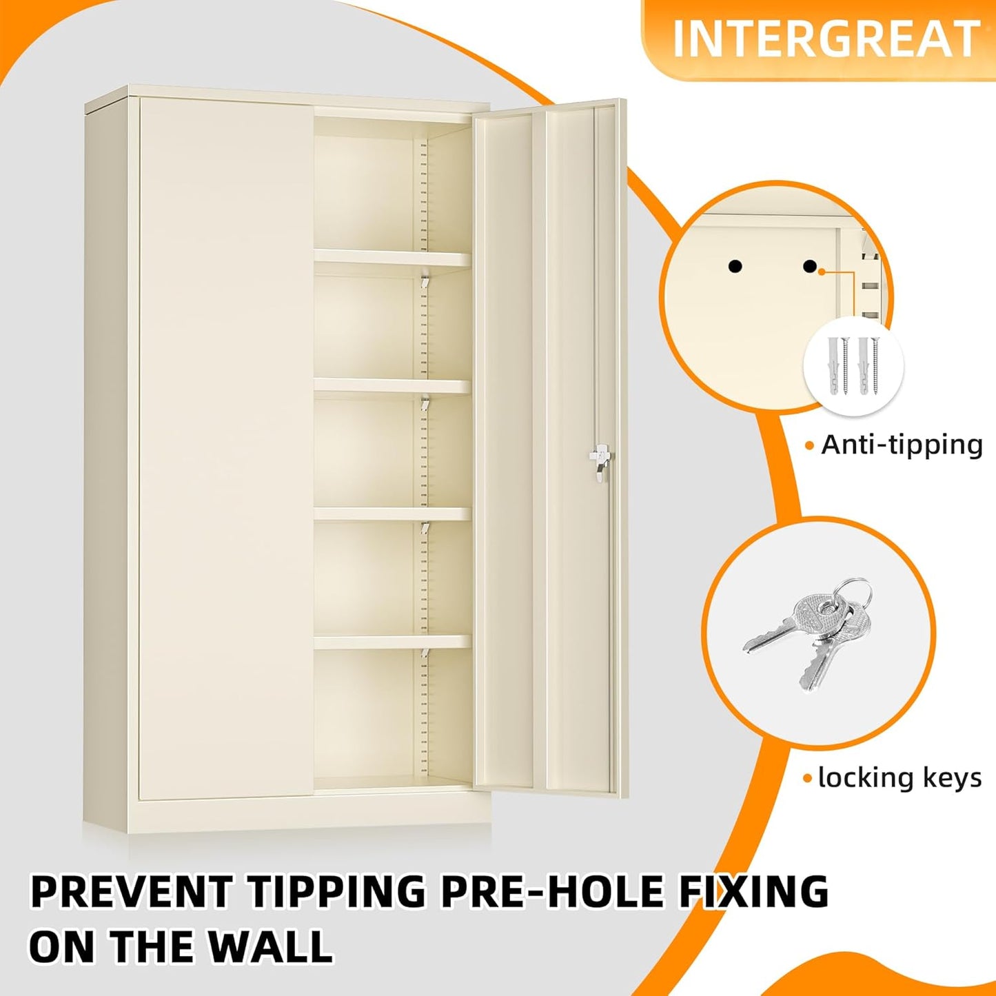 INTERGREAT Metal Garage Storage Cabinet, Black Lockable File Cabinet with 2 Doors and 4 Adjustable Shelves, Tall Steel Tool Cabinets for Office, Home, Garage, School, Gym