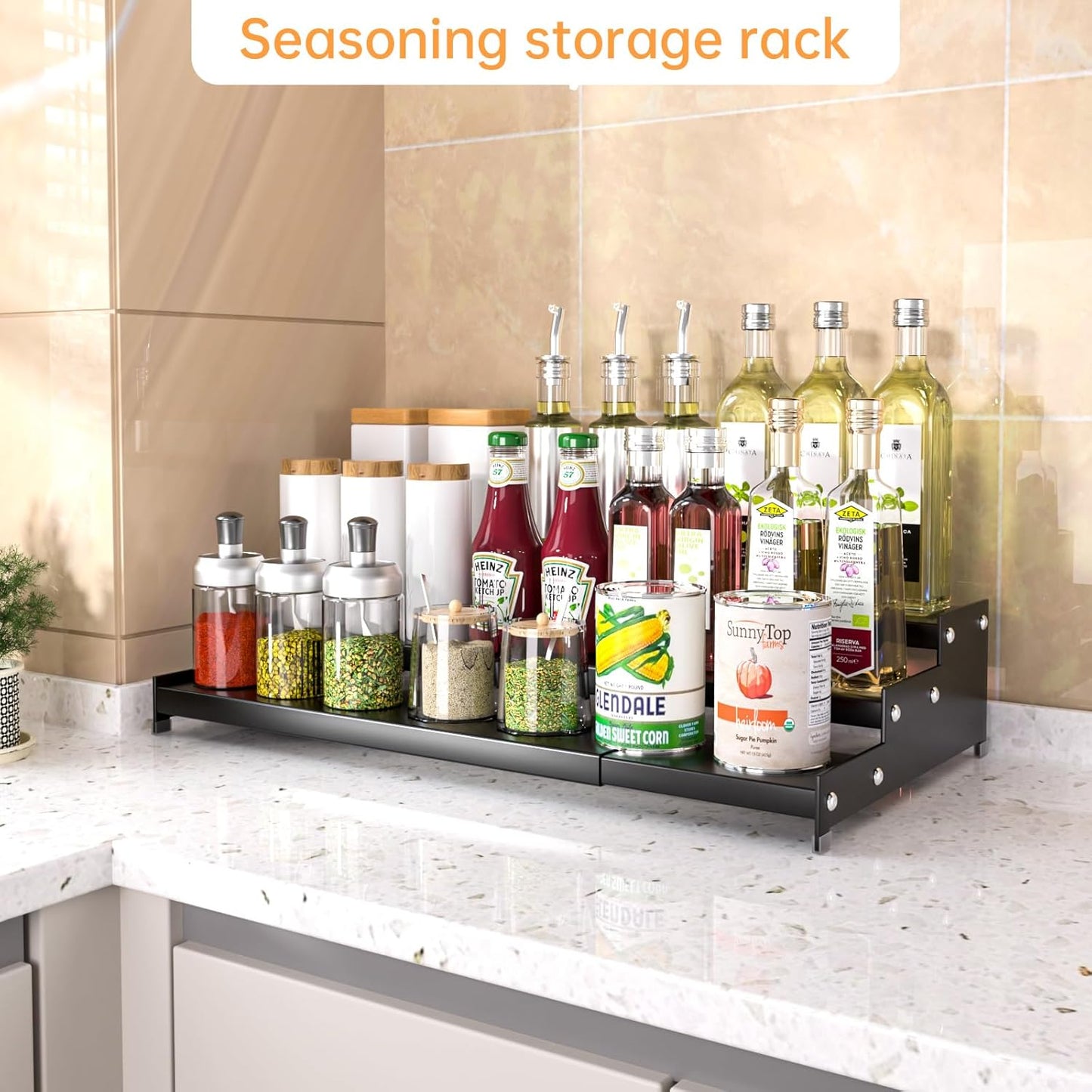 Premium Spice Rack Organizer for Countertops - 3-tier space-saving kitchen organizer for spice jars, oil bottles and utensils 2 Pakcs Black (modern rust-resistant design)