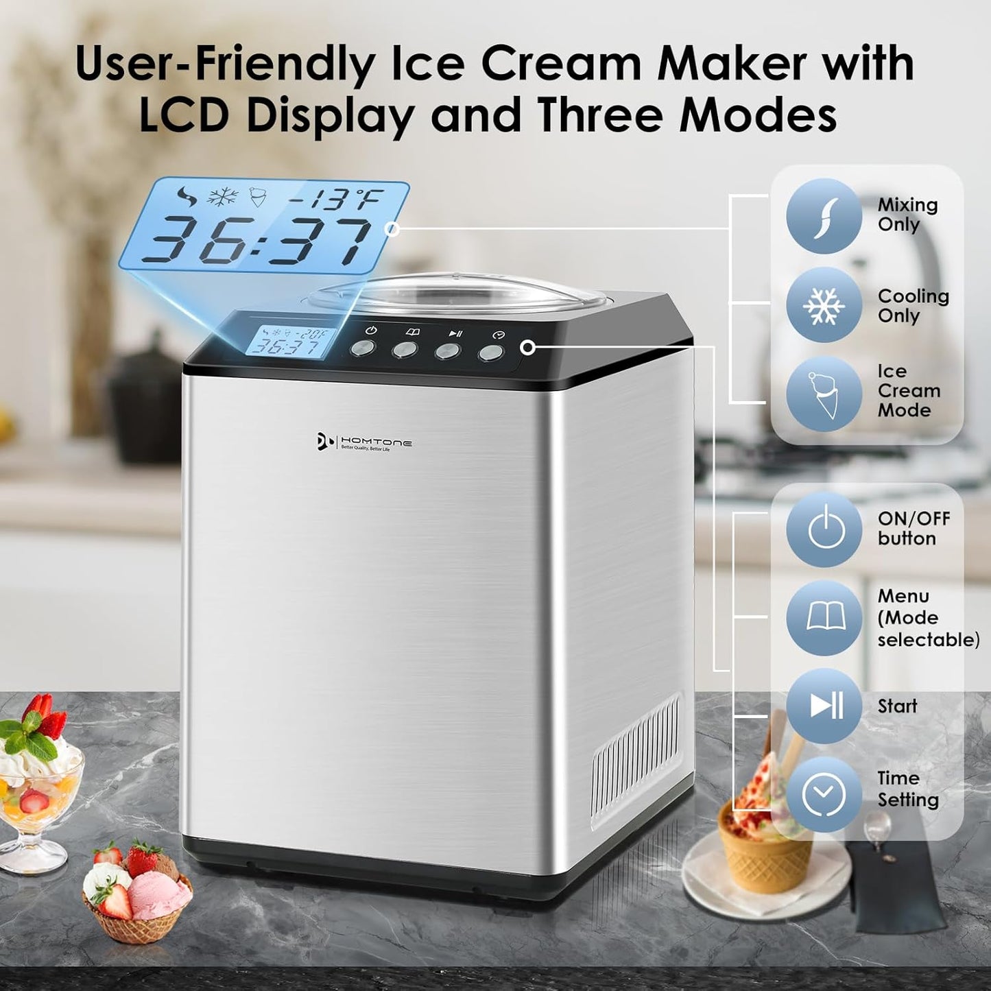 Homtone 2.64QT Ice Cream Maker with Compressor, Largest Capacity Automatic Ice Cream Maker Machine - No Pre Freezing, Gelato Maker with 3 Modes, LCD Digital Display, All Stainless Steel, 2H Keep Cool