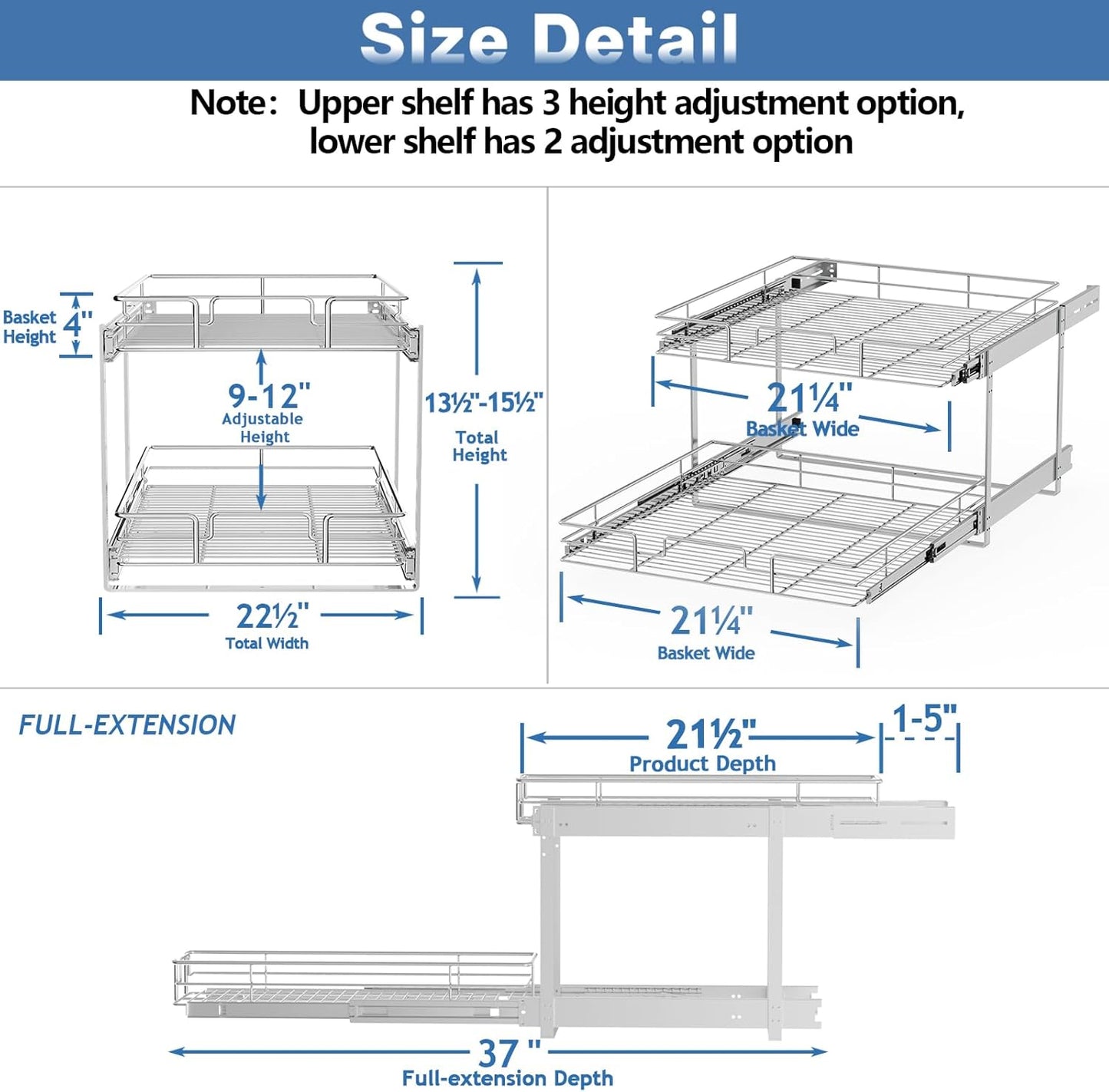 ROOMTEC Individual Pull Out Cabinet Organizer (22½"W x 21½"D), 2 Tier Spice Rack Organizer for Cabinet, Slide Out Drawer Pantry Shelf Organization and Storage for Kitchen Bathroom