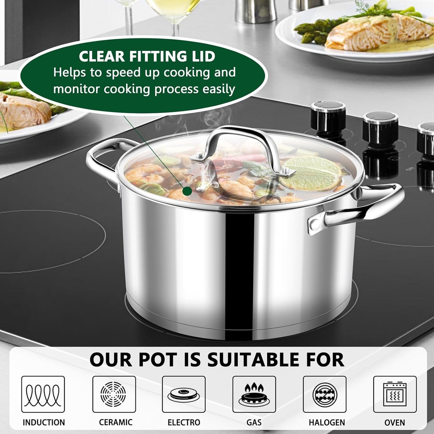 P&P CHEF 8 Quarts Cooking Stock Pot with Lid, Stainless Steel Stockpot Induction Pot for Soup, Tri-Ply Bottom & Clear Glass Lid & Double Handle, Dishwasher Safe