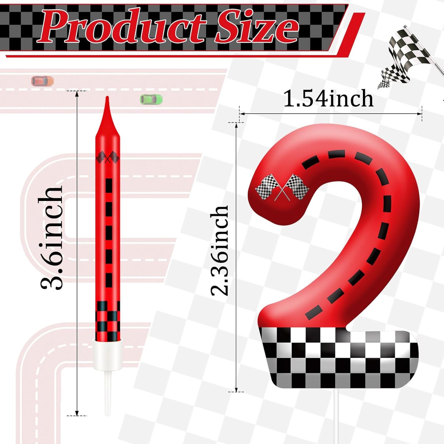 13PCS Racing Car Theme Birthday Candle Set with Checkered Flag Design - Durable Cake Topper for Race Car Party Decorations, Kids Birthday Supplies - Number 2 Candle for Racing-Themed Celebrations