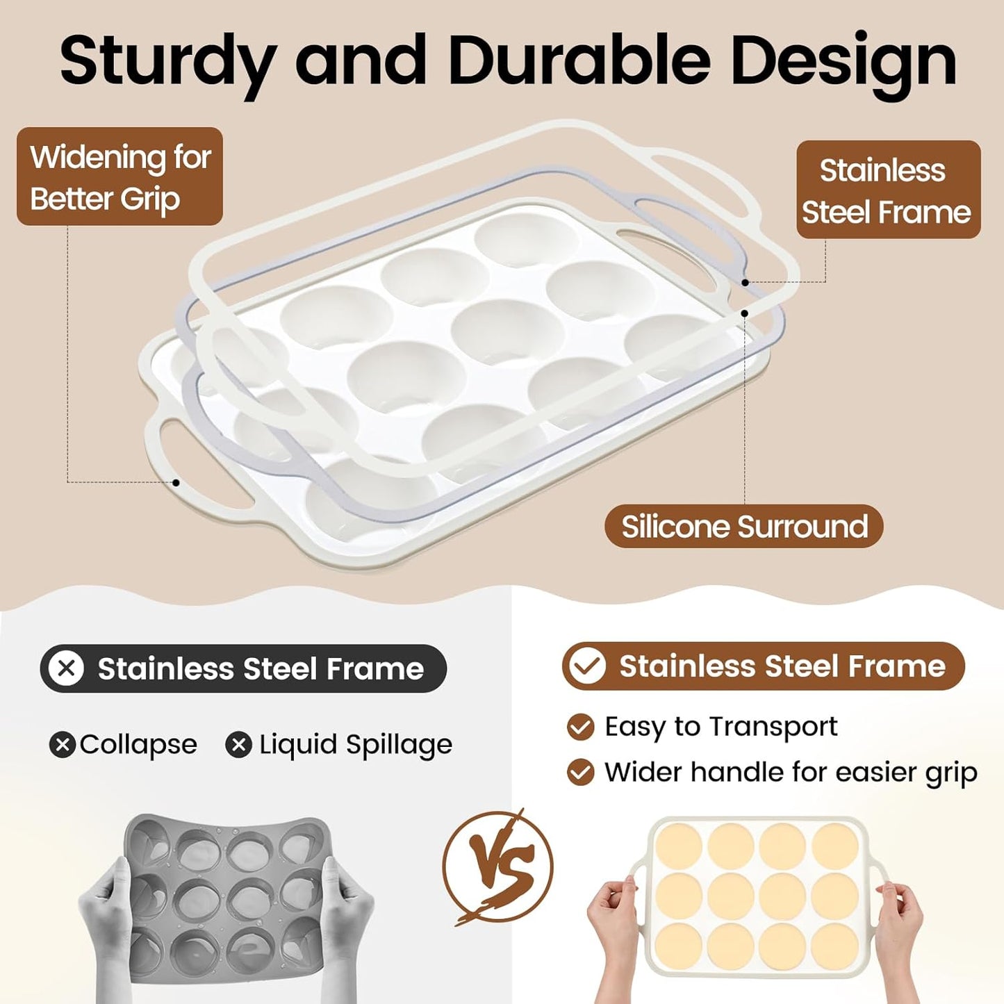 Silicone Muffin Pans for Baking 2 Pack, 2.6 Inch with Metal Reinforced Frame, Regular Size Nonstick Cupcake Pan 12 Cups for Baking Homemade Muffins, Dishwasher Safe BPA Free-Grey