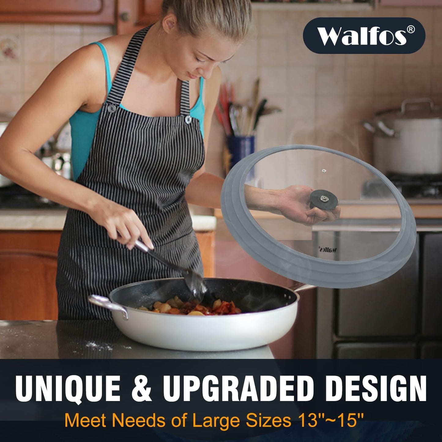 Walfos Universal Lid for 13", 14" and 15" Diameter Cookware - Tempered Glass Pan Lid with Heat Resistant Silicone Rim, BPA Free Pot Lids, Fits Pots, Pans and Skillets, Dishwasher-Safe, Gray