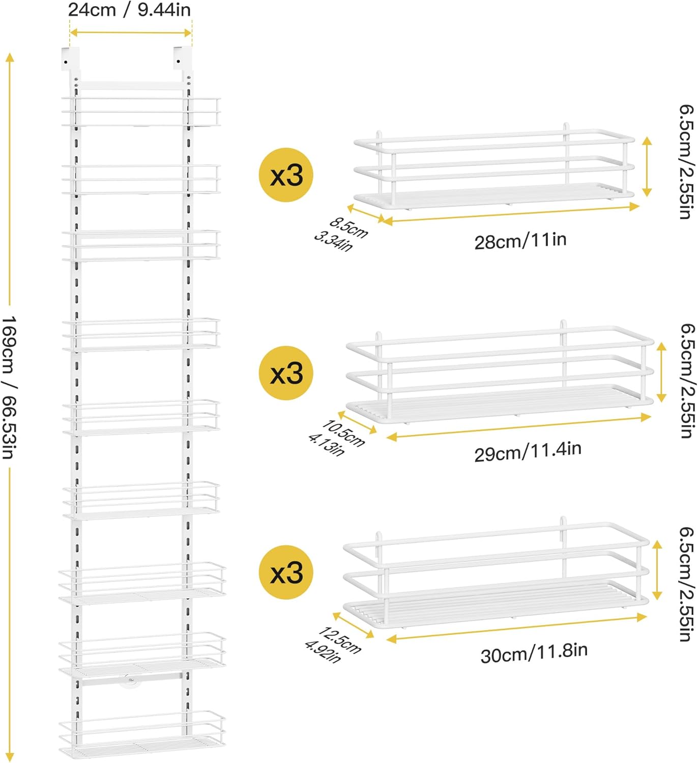 Pantry Door Organizer 12 Inch Wide, 9 Tier Hanging Adjustable Over the Door Spice Rack For Narrow Space,Matt White