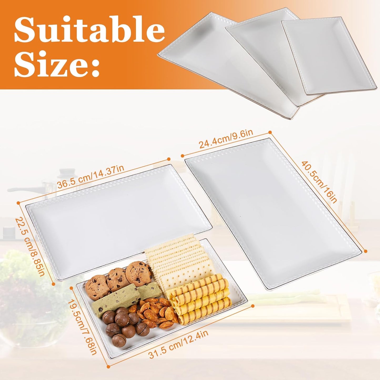 Kassel Ceramic Serving Platter Set | 16”/14”/12” Rectangular Serving Trays for Entertaining at Parties and Weddings | Oven Safe XL Serving Trays for Tacos, Steak, and Cake