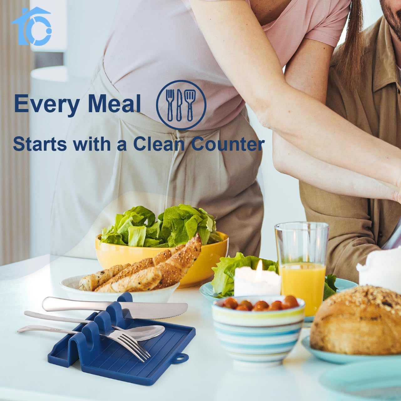 2-PACK 600°F Heat Resistant Silicone Spoon Rest, Multiple Utensil Rest, BPA Free Easy to Clean Dishwasher Safe, Blue (Deep+Light)