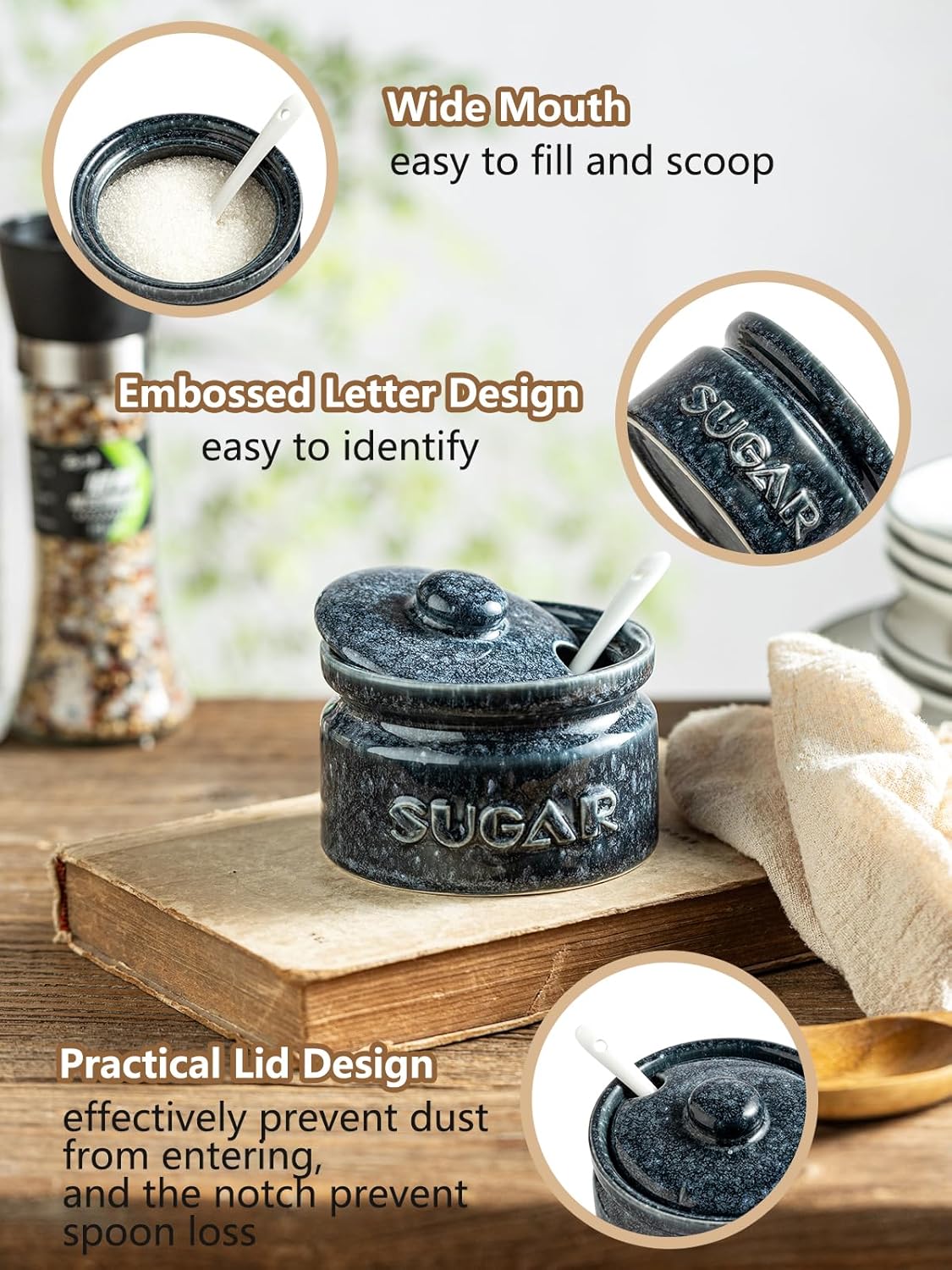 Gomakren Sugar Bowl with Lid and Spoon, Sugar Container Sugar Dish 10oz, Ceramic Sugar Jar for Coffee Bar, Kitchen, Countertop - Modern Farmhouse Kitchen Christmas Decor, Blue