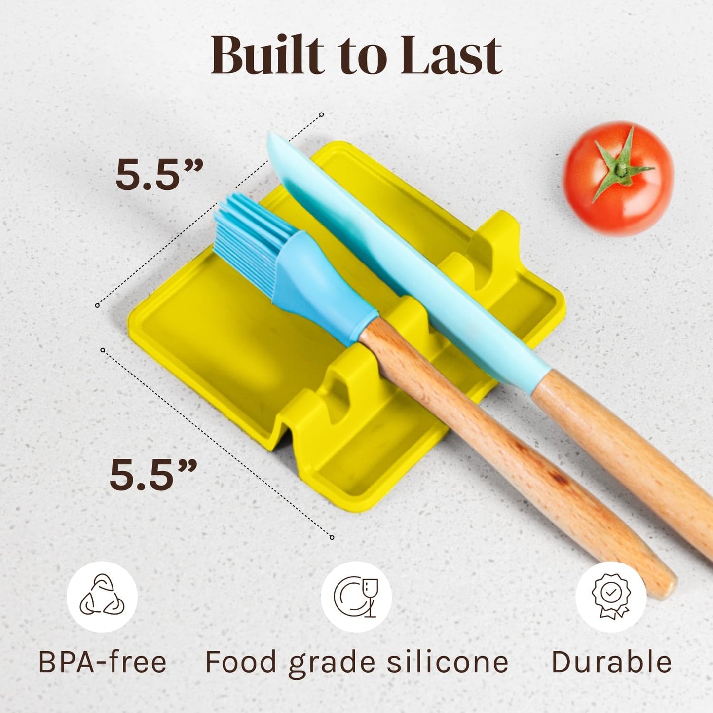 Silicone Spoon Rest for Stove Top with Drip Pad (Two Pack) - Heat Resistant BPA Free Utensil Rest & Spoon Holder for Kitchen Counter - Grill Utensil Holder - Spatula Holder, Tongs, Ladle - Yellow