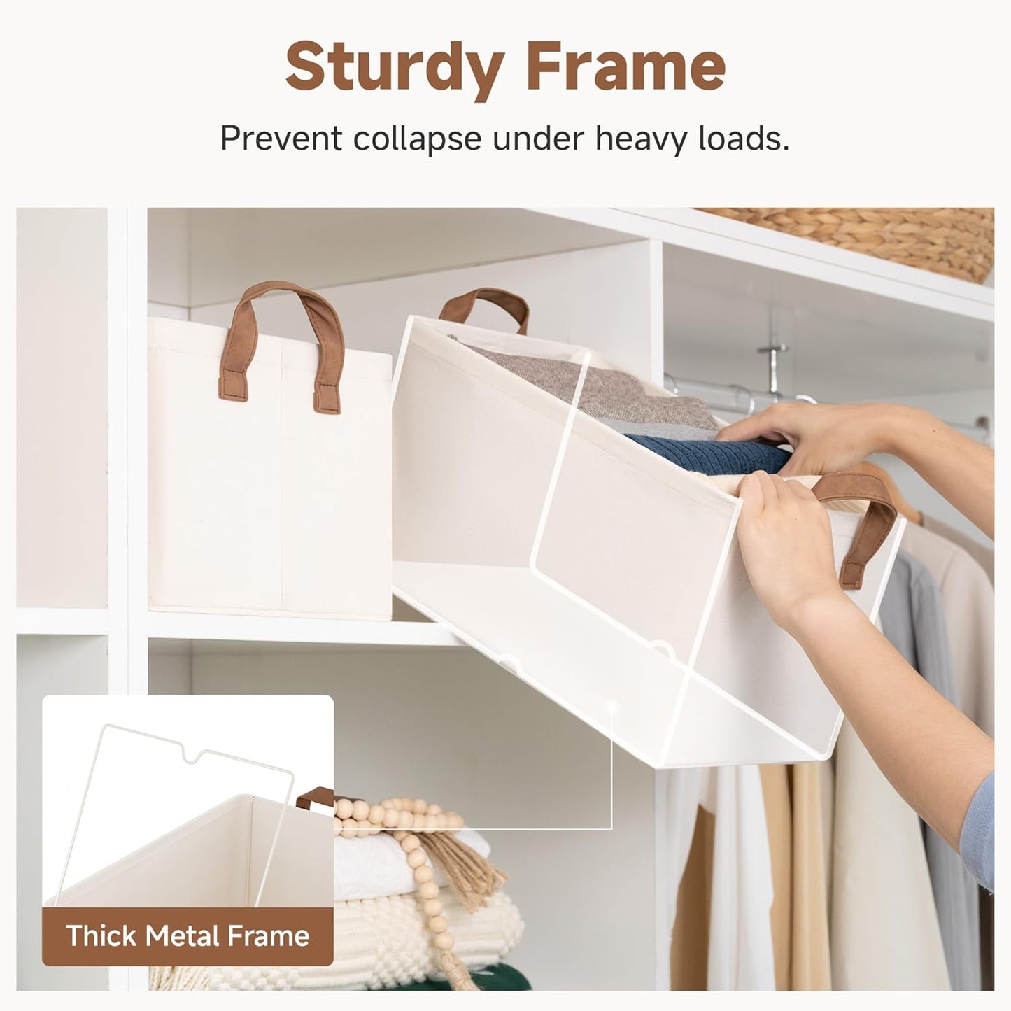 StorageWorks Storage Bins, Fabric Storage Bins for Shelves, Storage Baskets with Metal Frame, Closet Baskets and Bins with Handles, Natural Color, 2-Pack