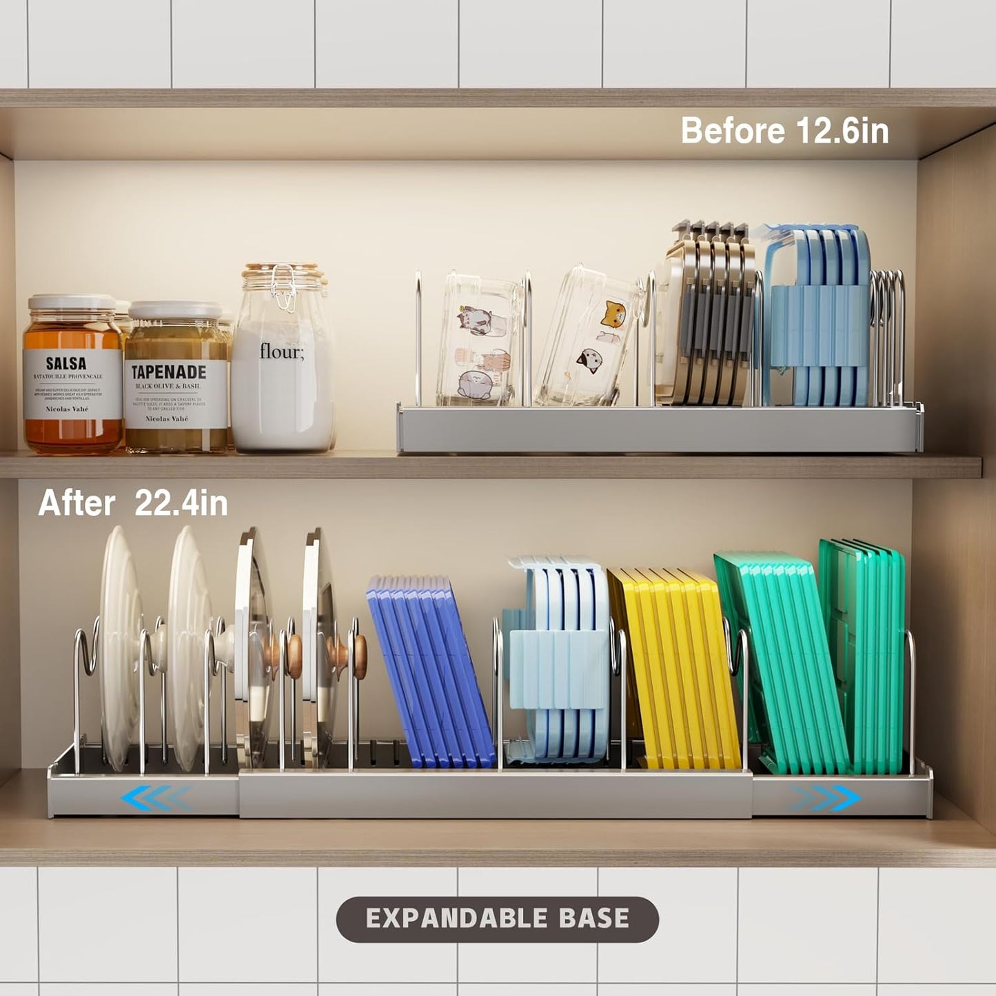 2 Pack Expandable Food Storage Container Lid Organizers, 22" Pots and Pans Organizer Under Cabinet with 9 Adjustable Dividers Pot and Pan Lid Holders Rack Inside Cabinet(Gray)