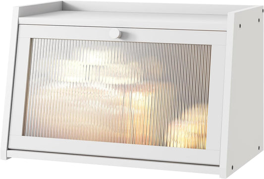 Bread Box for Kitchen Counter, Large Bamboo Bread Storage Container with Wavy Arcylic Door, Bamboo Wooden Farmhouse Bread Box for Your House (White, Medium)